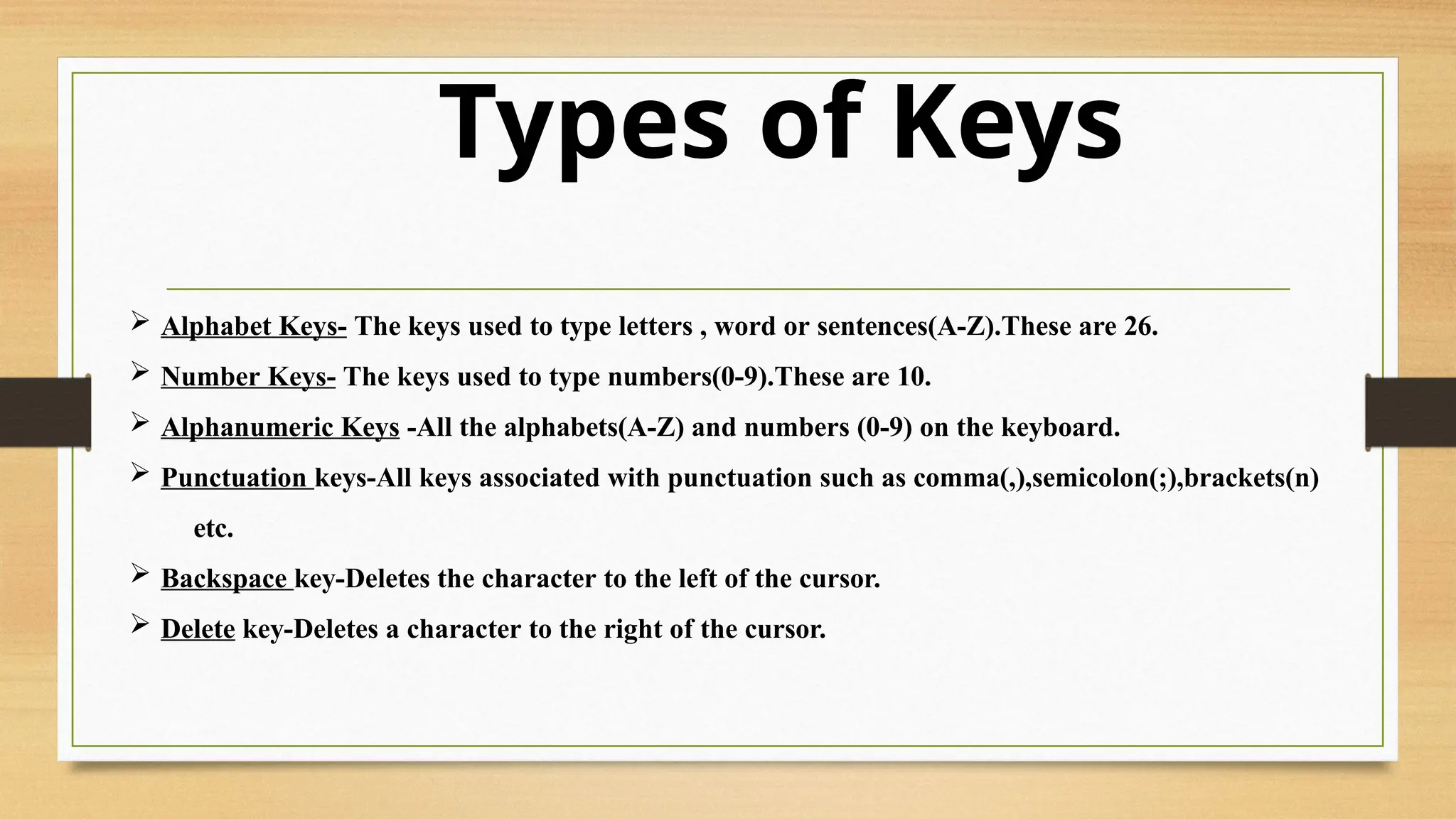 Types of Keys
 Alphabet Keys- The keys used to type letters , word or sentences(A-Z).These are 26.
 Number Keys- The keys used to type numbers(0-9).These are 10.
 Alphanumeric Keys -All the alphabets(A-Z) and numbers (0-9) on the keyboard.
 Punctuation keys-All keys associated with punctuation such as comma(,),semicolon(;),brackets(n)
etc.
 Backspace key-Deletes the character to the left of the cursor.
 Delete key-Deletes a character to the right of the cursor.
 