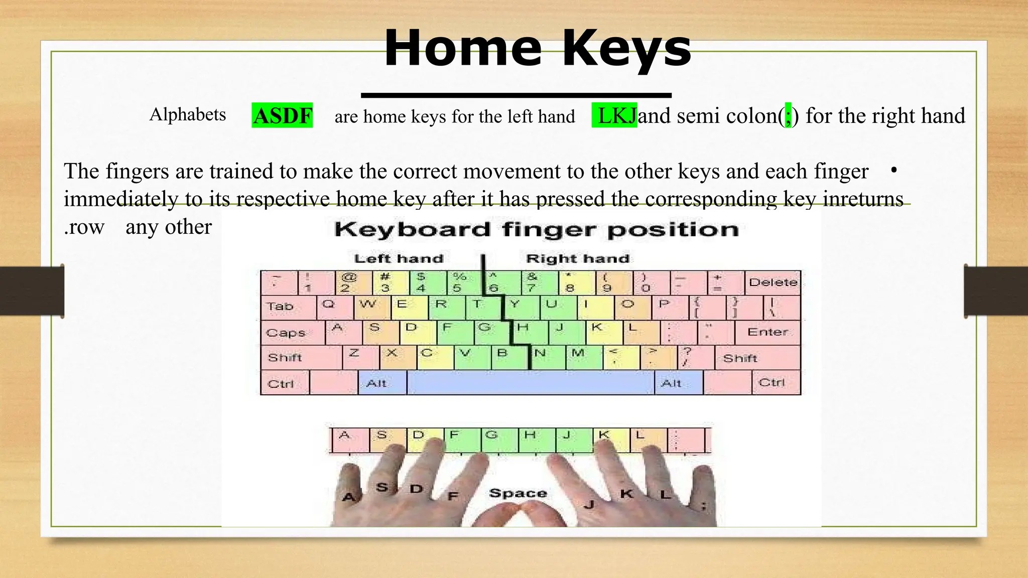 Home Keys
ASDF LKJand semi colon(;) for the right hand
•
The fingers are trained to make the correct movement to the other keys and each finger
returns
immediately to its respective home key after it has pressed the corresponding key in
any other
row
.
are home keys for the left hand
Alphabets
 