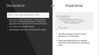 Declarative vs Imperative
• Specify the pattern of the data – what conditions
you want and what transformation – like sorted,
aggregated data, but not how to achieve that goal.
• It can often have parallel execute.
• Upto database optimizer to decide which indexes.
• Tells the computer to perform certain
operation in a certain order.
• Hard to parallelize because it specifies
instructions to be executed in a particular
order.
 