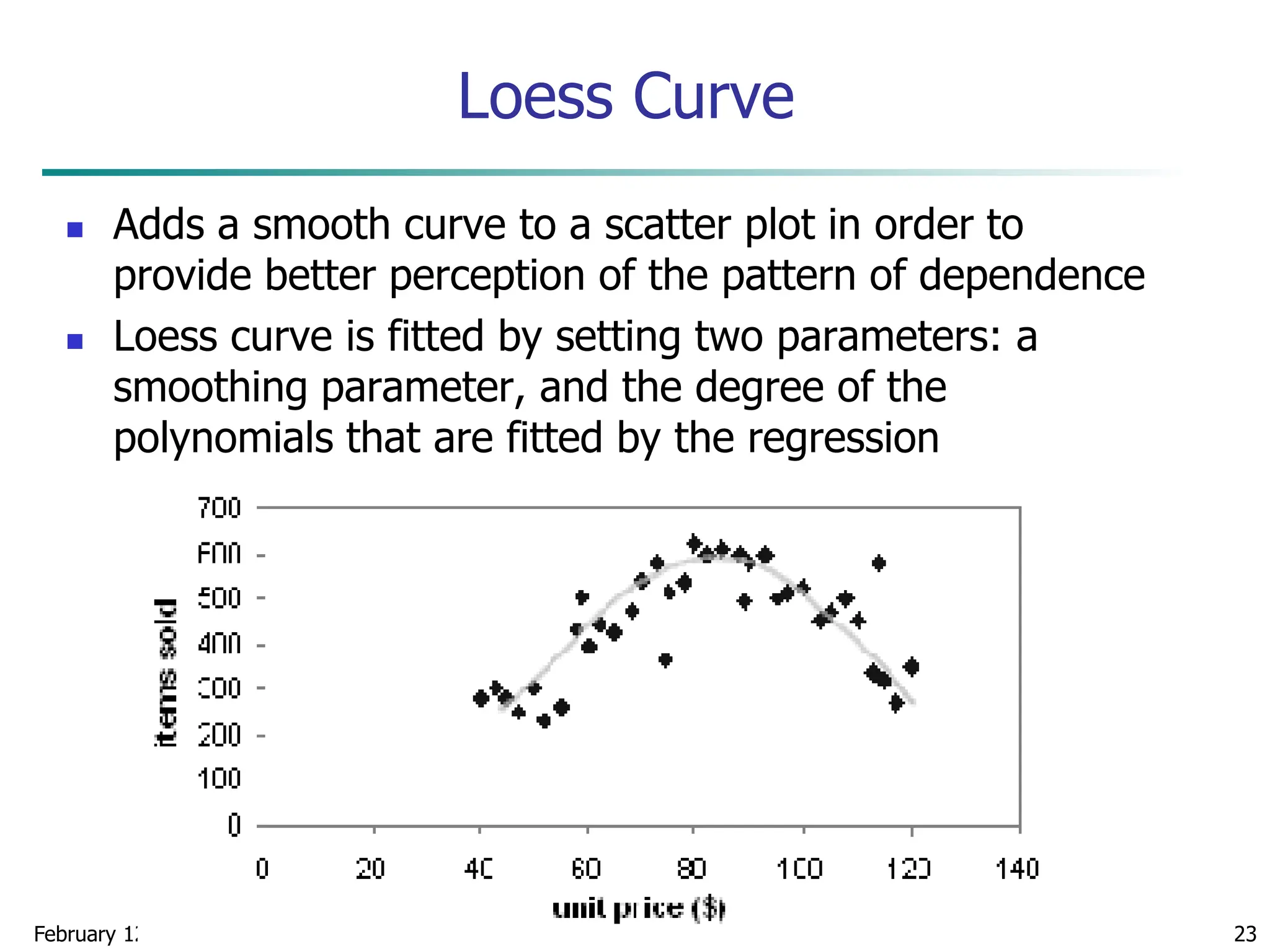 February 12, 2024 Data Mining: Concepts and Techniques 23
Loess Curve
 Adds a smooth curve to a scatter plot in order to
provide better perception of the pattern of dependence
 Loess curve is fitted by setting two parameters: a
smoothing parameter, and the degree of the
polynomials that are fitted by the regression
 