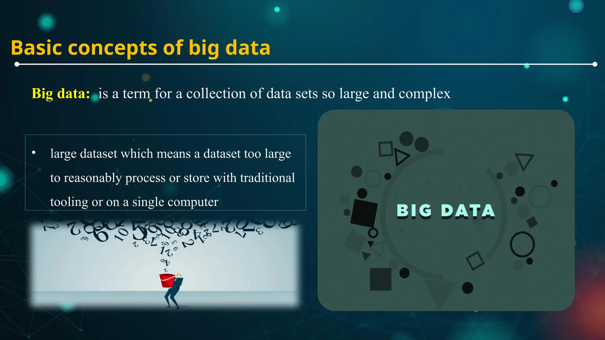 Basic concepts of big data
Big data: is a term for a collection of data sets so large and complex
• large dataset which means a dataset too large
to reasonably process or store with traditional
tooling or on a single computer
 