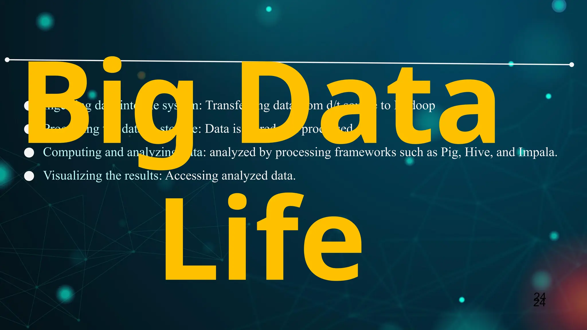 24
24
● Ingesting data into the system: Transferring data from d/t source to Hadoop
● Processing the data in storage: Data is stored and processed
● Computing and analyzing data: analyzed by processing frameworks such as Pig, Hive, and Impala.
● Visualizing the results: Accessing analyzed data.
Big Data
Life
 