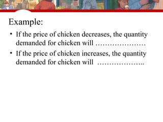 © 2007 Thomson South-Western
Example:
• If the price of chicken decreases, the quantity
demanded for chicken will …………………
• If the price of chicken increases, the quantity
demanded for chicken will ………………..
 