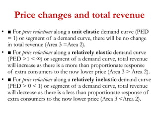 Price changes and total revenue
• ■ For price reductions along a unit elastic demand curve (PED
= 1) or segment of a demand curve, there will be no change
in total revenue (Area 3 =Area 2).
• ■ For price reductions along a relatively elastic demand curve
(PED >1 < ∞) or segment of a demand curve, total revenue
will increase as there is a more than proportionate response
of extra consumers to the now lower price (Area 3 > Area 2).
• ■ For price reductions along a relatively inelastic demand curve
(PED > 0 < 1) or segment of a demand curve, total revenue
will decrease as there is a less than proportionate response of
extra consumers to the now lower price (Area 3 <Area 2).
 