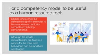 For a competency model to be useful
as a human resource tool:
◦ Competencies must be
defined along with examples to
illustrate when a particular
competency is being
demonstrated.
◦ Although the innate
characteristics are fixed in a
person for the most part,
behaviours can be modified
and taught
 