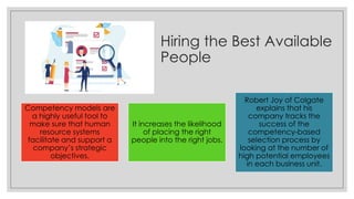 Hiring the Best Available
People
Competency models are
a highly useful tool to
make sure that human
resource systems
facilitate and support a
company’s strategic
objectives.
It increases the likelihood
of placing the right
people into the right jobs.
Robert Joy of Colgate
explains that his
company tracks the
success of the
competency-based
selection process by
looking at the number of
high potential employees
in each business unit.
 