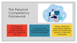 The Personal
Competency
Framework
The Personal
Competency
Framework stems
from the findings of
the JCS.
It consists of 45
competencies under
six main headings.
When rating the
appraisees against
these competencies,
specific scales are
employed.
 