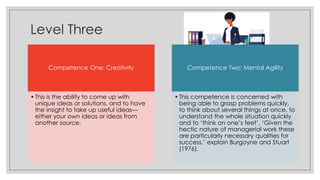 Level Three
Competence One: Creativity
•This is the ability to come up with
unique ideas or solutions, and to have
the insight to take up useful ideas—
either your own ideas or ideas from
another source.
Competence Two: Mental Agility
•This competence is concerned with
being able to grasp problems quickly,
to think about several things at once, to
understand the whole situation quickly
and to ‘think on one’s feet’. ‘Given the
hectic nature of managerial work these
are particularly necessary qualities for
success,’ explain Burgoyne and Stuart
(1976).
 