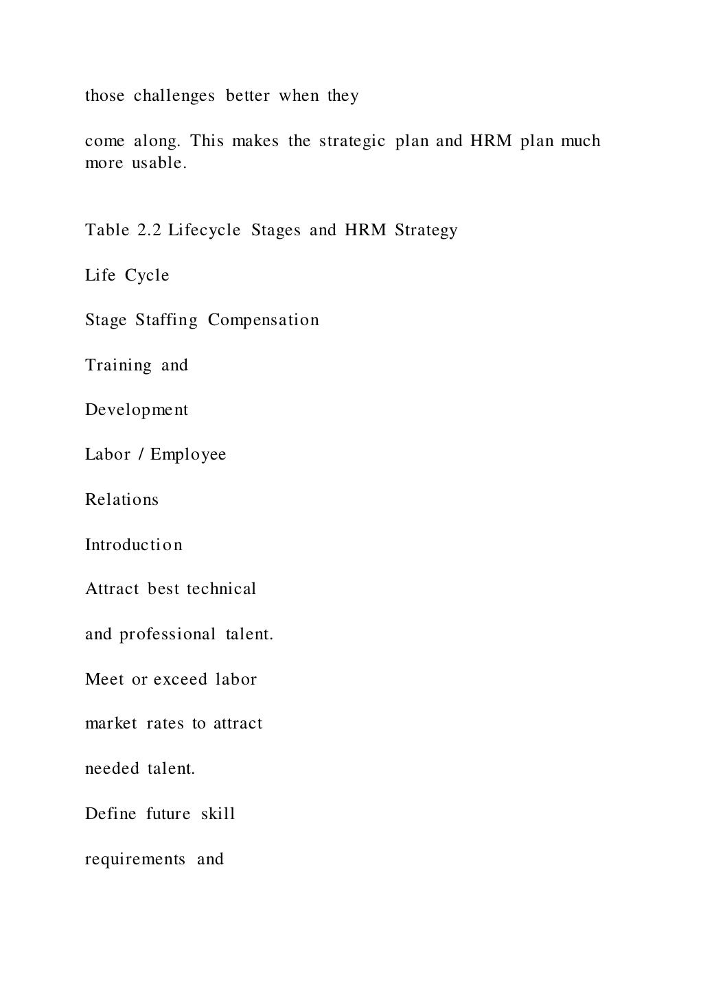 those challenges better when they
come along. This makes the strategic plan and HRM plan much
more usable.
Table 2.2 Lifecycle Stages and HRM Strategy
Life Cycle
Stage Staffing Compensation
Training and
Development
Labor / Employee
Relations
Introduction
Attract best technical
and professional talent.
Meet or exceed labor
market rates to attract
needed talent.
Define future skill
requirements and
 