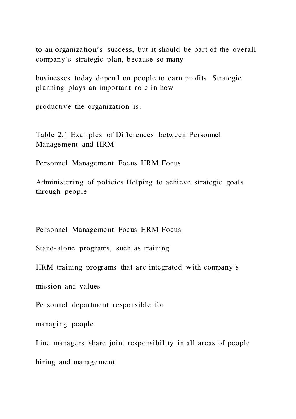 to an organization’s success, but it should be part of the overall
company’s strategic plan, because so many
businesses today depend on people to earn profits. Strategic
planning plays an important role in how
productive the organization is.
Table 2.1 Examples of Differences between Personnel
Management and HRM
Personnel Management Focus HRM Focus
Administering of policies Helping to achieve strategic goals
through people
Personnel Management Focus HRM Focus
Stand-alone programs, such as training
HRM training programs that are integrated with company’s
mission and values
Personnel department responsible for
managing people
Line managers share joint responsibility in all areas of people
hiring and management
 