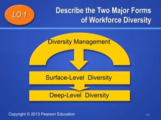 Copyright © 2013 Pearson Education
Describe the Two Major Forms
of Workforce Diversity
2-3
LO 1
Surface-Level Diversity
Deep-Level Diversity
Diversity Management
 