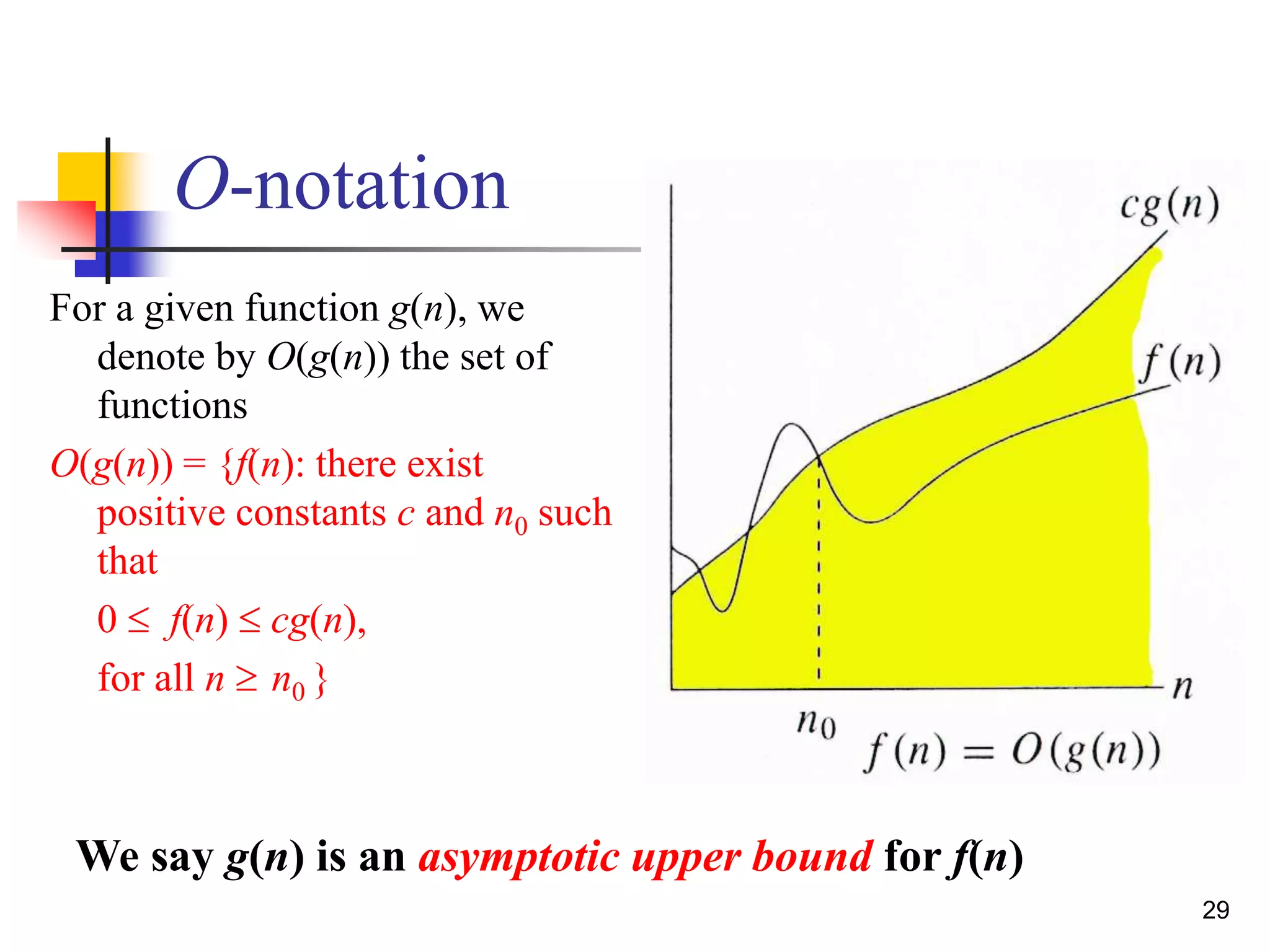 29
O-notation
For a given function g(n), we
denote by O(g(n)) the set of
functions
O(g(n)) = {f(n): there exist
positive constants c and n0 such
that
0  f(n)  cg(n),
for all n  n0 }
We say g(n) is an asymptotic upper bound for f(n)
 