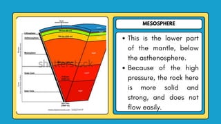 MESOSPHERE
This is the lower part
of the mantle, below
the asthenosphere.
Because of the high
pressure, the rock here
is more solid and
strong, and does not
flow easily.
 