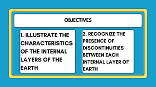 OBJECTIVES
1. ILLUSTRATE THE
CHARACTERISTICS
OF THE INTERNAL
LAYERS OF THE
EARTH
2. RECOGNIZE THE
PRESENCE OF
DISCONTINUITIES
BETWEEN EACH
INTERNAL LAYER OF
EARTH
 