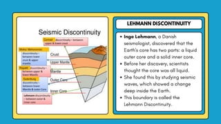 LEHMANN DISCONTINUITY
Inge Lehmann, a Danish
seismologist, discovered that the
Earth's core has two parts: a liquid
outer core and a solid inner core.
Before her discovery, scientists
thought the core was all liquid.
She found this by studying seismic
waves, which showed a change
deep inside the Earth.
This boundary is called the
Lehmann Discontinuity.
 