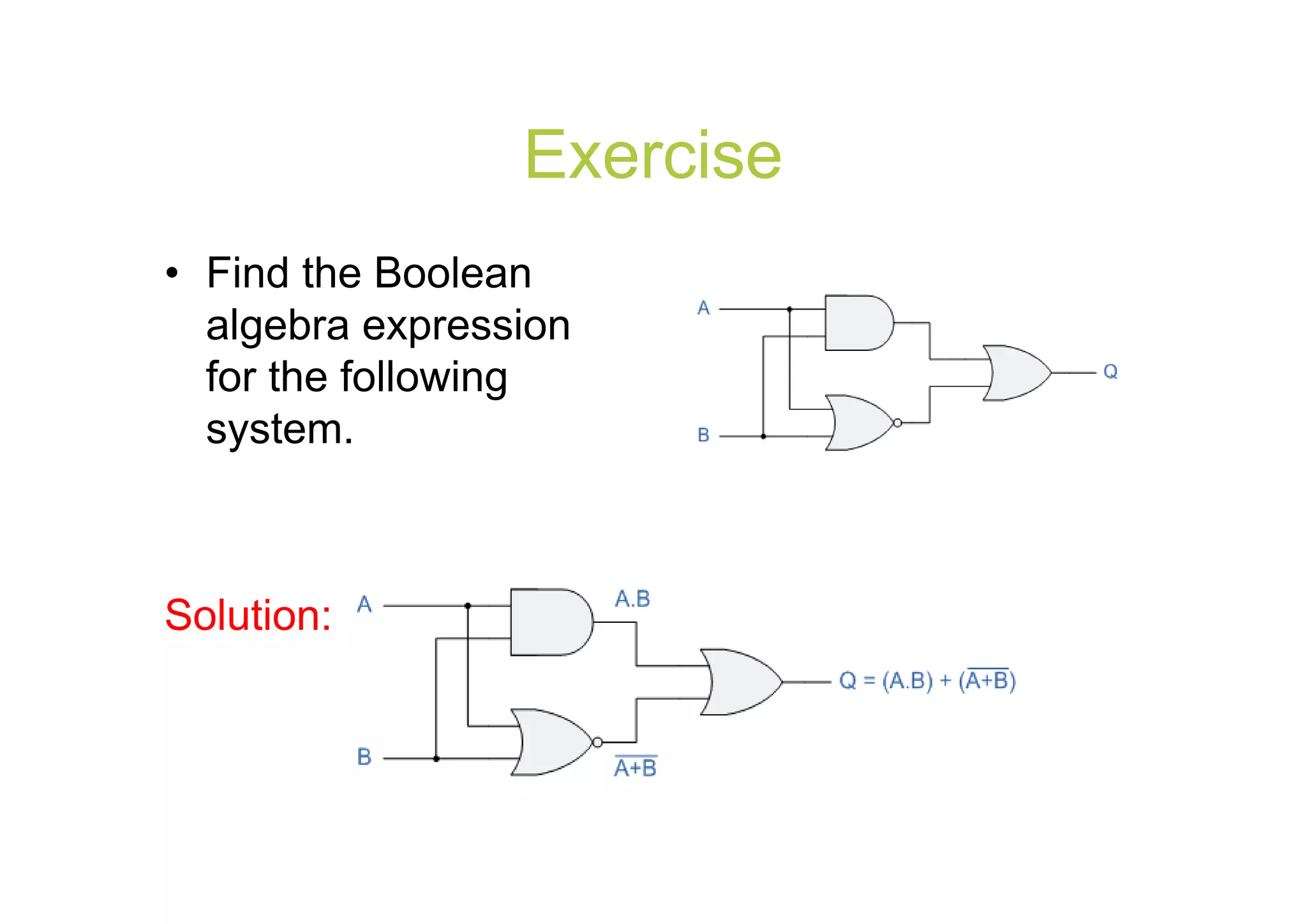 Exercise
• Find the Boolean
algebra expression
for the following
system.

Solution:

 