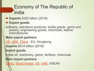 Economy of The Republic of
India
 Exports $330 billion (2018)
 Export goods
software, petroleum products, textile goods, gems and
jewelry, engineering goods, chemicals, leather
manufactures
Main export partners
US, UAE, China , EU, Hongkong.
Imports $514 billion (2018)
Import goods
crude oil, machinery, gems, fertilizer, chemicals
Main import partners
China, Saudi Arabia, US, UAE, ASEAN
 