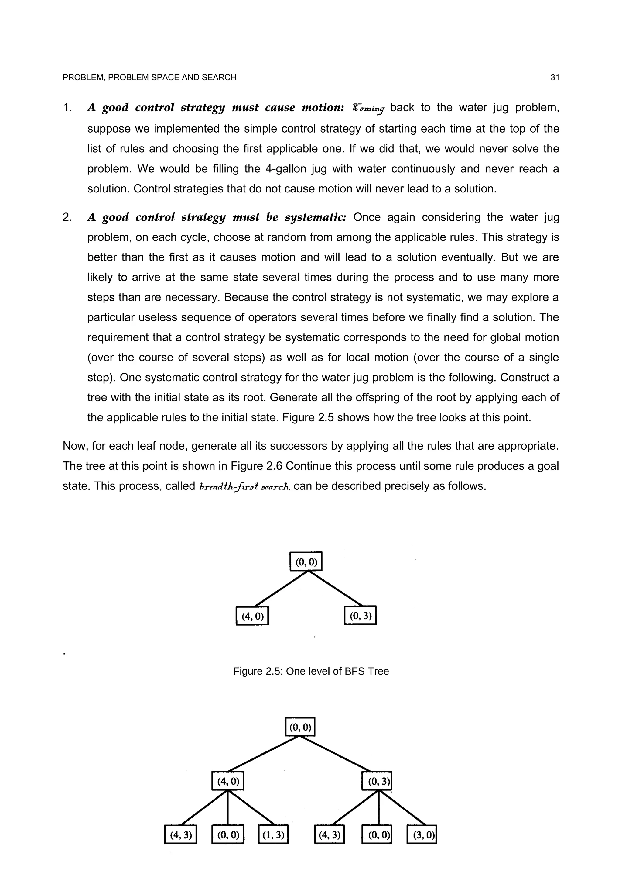 PROBLEM, PROBLEM SPACE AND SEARCH
1. A good control strategy must cause motion: Coming back to the water jug problem,
suppose we implemented the simple control strategy of starting each time at the top of the
list of rules and choosing the first applicable one. If we did that, we would never solve the
problem. We would be filling the 4-gallon jug with water continuously and never reach a
solution. Control strategies that do not cause motion will never lead to a solution.
2. A good control strategy must be systematic: Once again considering the water jug
problem, on each cycle, choose at random from among the applicable rules. This strategy is
better than the first as it causes motion and will lead to a solution eventually. But we are
likely to arrive at the same state several times during the process and to use many more
steps than are necessary. Because the control strategy is not systematic, we may explore a
particular useless sequence of operators several times before we finally find a solution. The
requirement that a control strategy be systematic corresponds to the need for global motion
(over the course of several steps) as well as for local motion (over the course of a single
step). One systematic control strategy for the water jug problem is the following. Construct a
tree with the initial state as its root. Generate all the offspring of the root by applying each of
the applicable rules to the initial state. Figure 2.5 shows how the tree looks at this point.
Now, for each leaf node, generate all its successors by applying all the rules that are appropriate.
The tree at this point is shown in Figure 2.6 Continue this process until some rule produces a goal
state. This process, called breadth-first search, can be described precisely as follows.
.
Figure 2.5: One level of BFS Tree
31
 