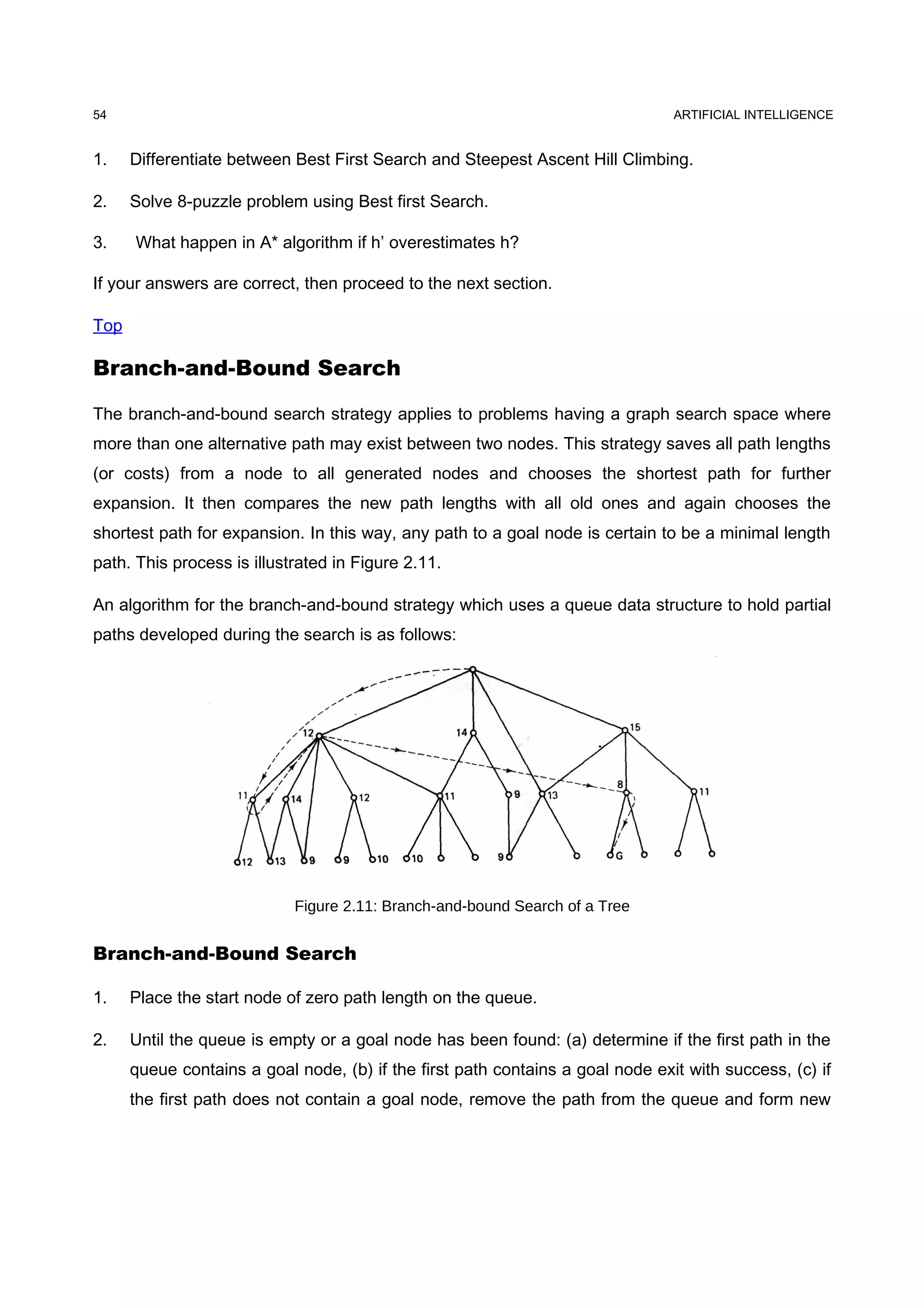 ARTIFICIAL INTELLIGENCE
1. Differentiate between Best First Search and Steepest Ascent Hill Climbing.
2. Solve 8-puzzle problem using Best first Search.
3. What happen in A* algorithm if h’ overestimates h?
If your answers are correct, then proceed to the next section.
Top
Branch-and-Bound Search
The branch-and-bound search strategy applies to problems having a graph search space where
more than one alternative path may exist between two nodes. This strategy saves all path lengths
(or costs) from a node to all generated nodes and chooses the shortest path for further
expansion. It then compares the new path lengths with all old ones and again chooses the
shortest path for expansion. In this way, any path to a goal node is certain to be a minimal length
path. This process is illustrated in Figure 2.11.
An algorithm for the branch-and-bound strategy which uses a queue data structure to hold partial
paths developed during the search is as follows:
Figure 2.11: Branch-and-bound Search of a Tree
Branch-and-Bound Search
1. Place the start node of zero path length on the queue.
2. Until the queue is empty or a goal node has been found: (a) determine if the first path in the
queue contains a goal node, (b) if the first path contains a goal node exit with success, (c) if
the first path does not contain a goal node, remove the path from the queue and form new
54
 