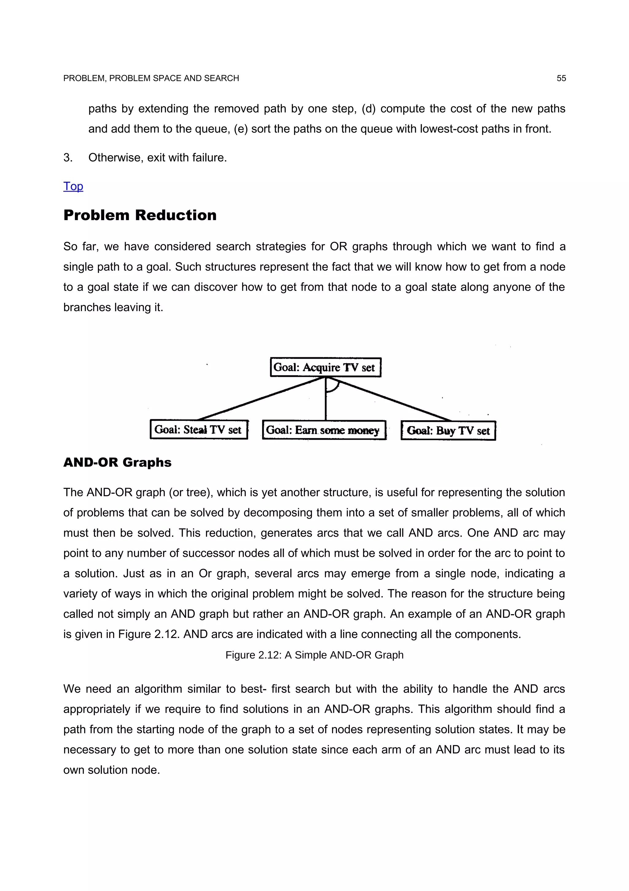 PROBLEM, PROBLEM SPACE AND SEARCH
paths by extending the removed path by one step, (d) compute the cost of the new paths
and add them to the queue, (e) sort the paths on the queue with lowest-cost paths in front.
3. Otherwise, exit with failure.
Top
Problem Reduction
So far, we have considered search strategies for OR graphs through which we want to find a
single path to a goal. Such structures represent the fact that we will know how to get from a node
to a goal state if we can discover how to get from that node to a goal state along anyone of the
branches leaving it.
AND-OR Graphs
The AND-OR graph (or tree), which is yet another structure, is useful for representing the solution
of problems that can be solved by decomposing them into a set of smaller problems, all of which
must then be solved. This reduction, generates arcs that we call AND arcs. One AND arc may
point to any number of successor nodes all of which must be solved in order for the arc to point to
a solution. Just as in an Or graph, several arcs may emerge from a single node, indicating a
variety of ways in which the original problem might be solved. The reason for the structure being
called not simply an AND graph but rather an AND-OR graph. An example of an AND-OR graph
is given in Figure 2.12. AND arcs are indicated with a line connecting all the components.
Figure 2.12: A Simple AND-OR Graph
We need an algorithm similar to best- first search but with the ability to handle the AND arcs
appropriately if we require to find solutions in an AND-OR graphs. This algorithm should find a
path from the starting node of the graph to a set of nodes representing solution states. It may be
necessary to get to more than one solution state since each arm of an AND arc must lead to its
own solution node.
55
 