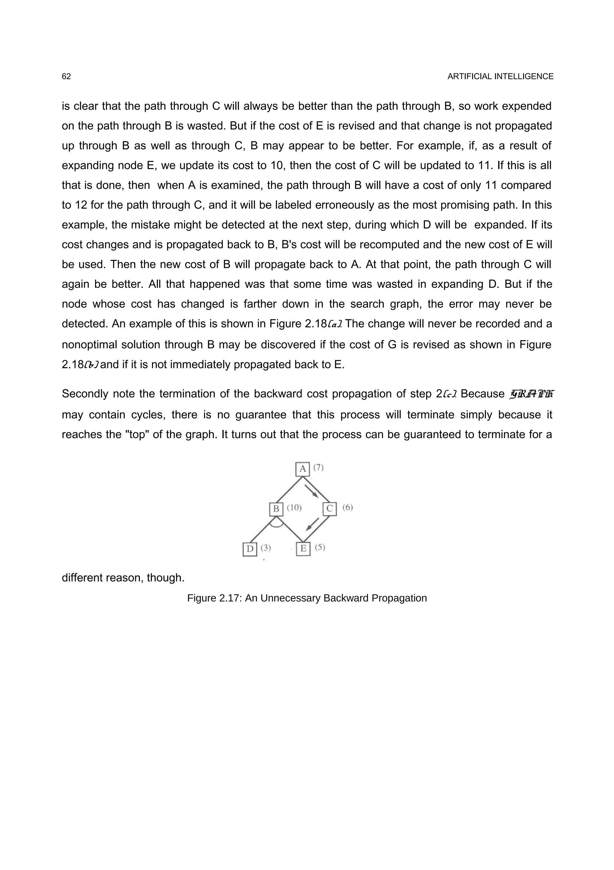 ARTIFICIAL INTELLIGENCE
is clear that the path through C will always be better than the path through B, so work expended
on the path through B is wasted. But if the cost of E is revised and that change is not propagated
up through B as well as through C, B may appear to be better. For example, if, as a result of
expanding node E, we update its cost to 10, then the cost of C will be updated to 11. If this is all
that is done, then when A is examined, the path through B will have a cost of only 11 compared
to 12 for the path through C, and it will be labeled erroneously as the most promising path. In this
example, the mistake might be detected at the next step, during which D will be expanded. If its
cost changes and is propagated back to B, B's cost will be recomputed and the new cost of E will
be used. Then the new cost of B will propagate back to A. At that point, the path through C will
again be better. All that happened was that some time was wasted in expanding D. But if the
node whose cost has changed is farther down in the search graph, the error may never be
detected. An example of this is shown in Figure 2.18(a). The change will never be recorded and a
nonoptimal solution through B may be discovered if the cost of G is revised as shown in Figure
2.18(b) and if it is not immediately propagated back to E.
Secondly note the termination of the backward cost propagation of step 2(c). Because GRAPH
may contain cycles, there is no guarantee that this process will terminate simply because it
reaches the "top" of the graph. It turns out that the process can be guaranteed to terminate for a
different reason, though.
Figure 2.17: An Unnecessary Backward Propagation
62
 