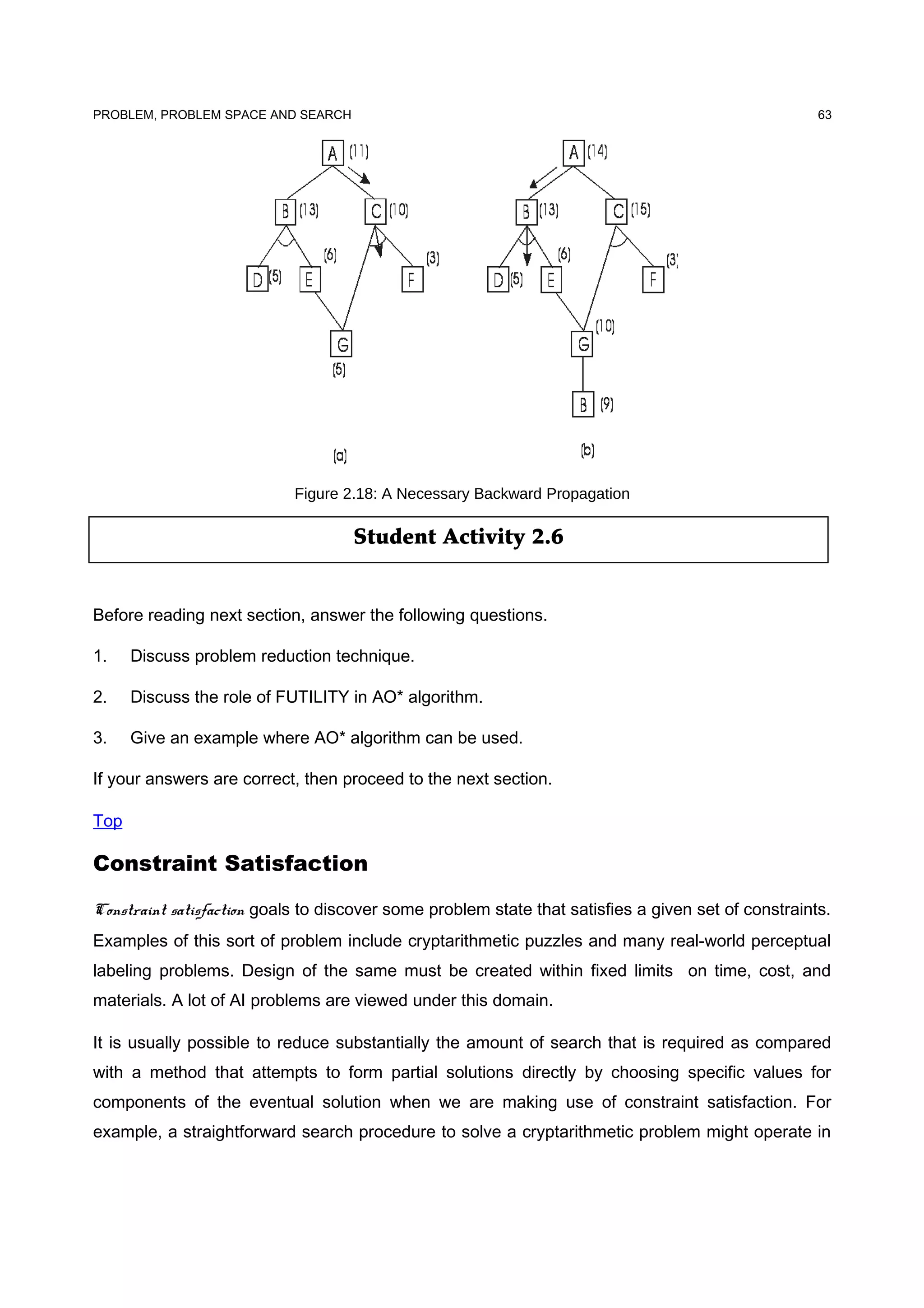Student Activity 2.6
PROBLEM, PROBLEM SPACE AND SEARCH
Figure 2.18: A Necessary Backward Propagation
Before reading next section, answer the following questions.
1. Discuss problem reduction technique.
2. Discuss the role of FUTILITY in AO* algorithm.
3. Give an example where AO* algorithm can be used.
If your answers are correct, then proceed to the next section.
Top
Constraint Satisfaction
Constraint satisfaction goals to discover some problem state that satisfies a given set of constraints.
Examples of this sort of problem include cryptarithmetic puzzles and many real-world perceptual
labeling problems. Design of the same must be created within fixed limits on time, cost, and
materials. A lot of AI problems are viewed under this domain.
It is usually possible to reduce substantially the amount of search that is required as compared
with a method that attempts to form partial solutions directly by choosing specific values for
components of the eventual solution when we are making use of constraint satisfaction. For
example, a straightforward search procedure to solve a cryptarithmetic problem might operate in
63
 