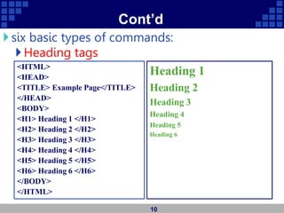 Cont’d
six basic types of commands:
Heading tags
10
<HTML>
<HEAD>
<TITLE> Example Page</TITLE>
</HEAD>
<BODY>
<H1> Heading 1 </H1>
<H2> Heading 2 </H2>
<H3> Heading 3 </H3>
<H4> Heading 4 </H4>
<H5> Heading 5 </H5>
<H6> Heading 6 </H6>
</BODY>
</HTML>
Heading 1
Heading 2
Heading 3
Heading 4
Heading 5
Heading 6
 