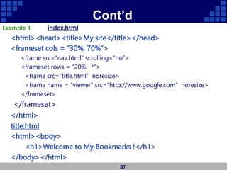 Cont’d
Example 1 index.html
<html><head><title>My site</title></head>
<frameset cols = “30%, 70%”>
<frame src=“nav.html” scrolling=“no”>
<frameset rows = “20%, *”>
<frame src=“title.html” noresize>
<frame name = “viewer” src=“http://www.google.com” noresize>
</frameset>
</frameset>
</html>
title.html
<html><body>
<h1>Welcome to My Bookmarks !</h1>
</body></html>
87
 