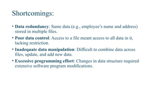 Shortcomings:
• Data redundancy: Same data (e.g., employee’s name and address)
stored in multiple files.
• Poor data control: Access to a file meant access to all data in it,
lacking restriction.
• Inadequate data manipulation: Difficult to combine data across
files, update, and add new data.
• Excessive programming effort: Changes in data structure required
extensive software program modifications.
 