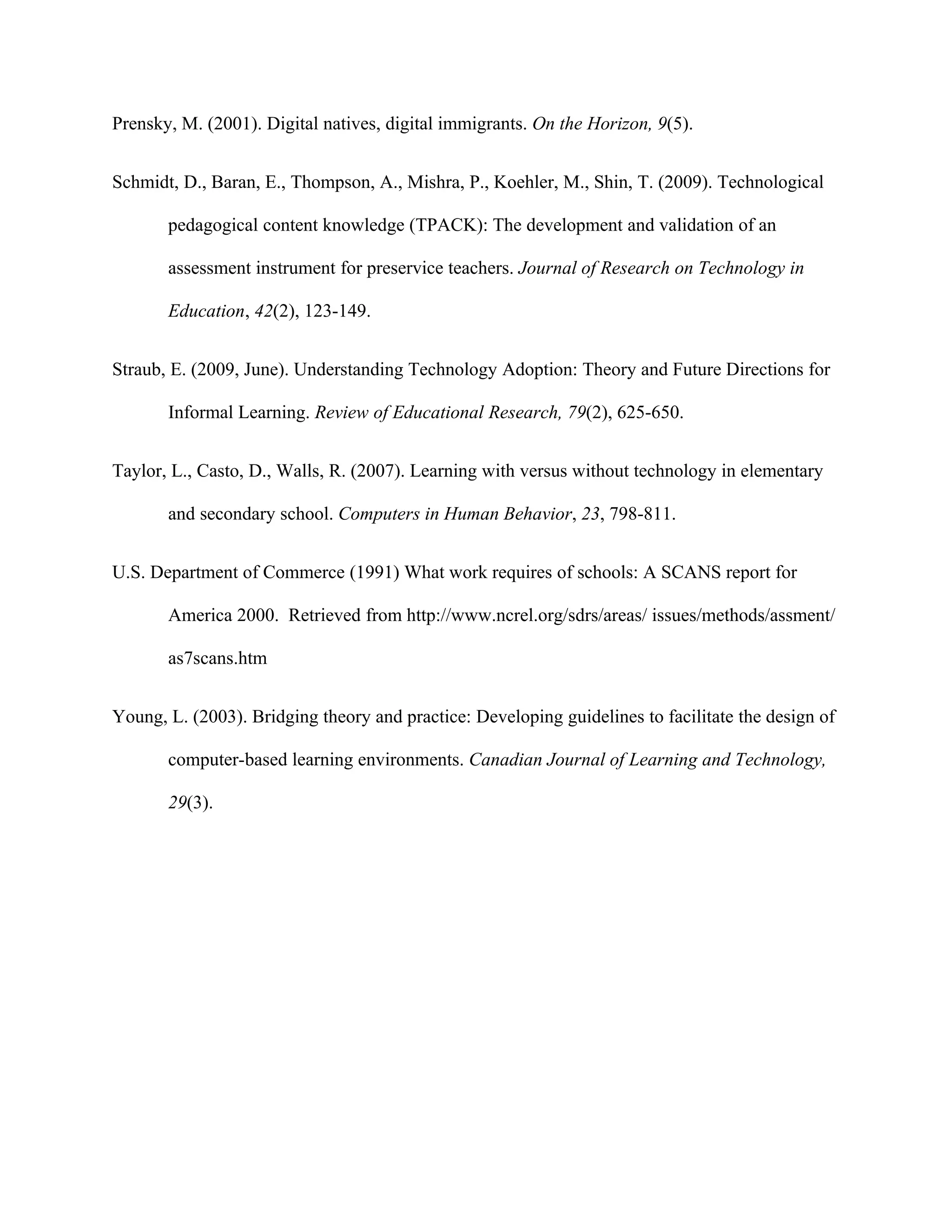 Prensky, M. (2001). Digital natives, digital immigrants. On the Horizon, 9(5).


Schmidt, D., Baran, E., Thompson, A., Mishra, P., Koehler, M., Shin, T. (2009). Technological

       pedagogical content knowledge (TPACK): The development and validation of an

       assessment instrument for preservice teachers. Journal of Research on Technology in

       Education, 42(2), 123-149.


Straub, E. (2009, June). Understanding Technology Adoption: Theory and Future Directions for

       Informal Learning. Review of Educational Research, 79(2), 625-650.


Taylor, L., Casto, D., Walls, R. (2007). Learning with versus without technology in elementary

       and secondary school. Computers in Human Behavior, 23, 798-811.


U.S. Department of Commerce (1991) What work requires of schools: A SCANS report for

       America 2000. Retrieved from http://www.ncrel.org/sdrs/areas/ issues/methods/assment/

       as7scans.htm


Young, L. (2003). Bridging theory and practice: Developing guidelines to facilitate the design of

       computer-based learning environments. Canadian Journal of Learning and Technology,

       29(3).
 