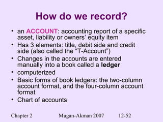 Chapter 2 Mugan-Akman 2007 12-52
How do we record?
• an ACCOUNT: accounting report of a specific
asset, liability or owners’ equity item
• Has 3 elements: title, debit side and credit
side (also called the “T-Account”)
• Changes in the accounts are entered
manually into a book called a ledger
• computerized
• Basic forms of book ledgers: the two-column
account format, and the four-column account
format
• Chart of accounts
 
