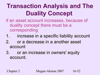 Chapter 2 Mugan-Akman 2007 16-52
Transaction Analysis and The
Duality Concept
if an asset account increases, because of
duality concept there must be a
corresponding
1. increase in a specific liability account
2. or a decrease in a another asset
account
3. or an increase in owners' equity
account.
 
