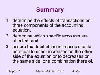 Chapter 2 Mugan-Akman 2007 41-52
Summary
1. determine the effects of transactions on
three components of the accounting
equation,
2. determine which specific accounts are
affected, and
3. assure that total of the increases should
be equal to either increases on the other
side of the equation or to decreases on
the same side, or a combination there of.
 