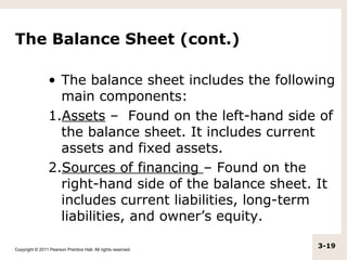 The Balance Sheet (cont.)

                 • The balance sheet includes the following
                   main components:
                 1.Assets – Found on the left-hand side of
                   the balance sheet. It includes current
                   assets and fixed assets.
                 2.Sources of financing – Found on the
                   right-hand side of the balance sheet. It
                   includes current liabilities, long-term
                   liabilities, and owner’s equity.

Copyright © 2011 Pearson Prentice Hall. All rights reserved.
                                                               3-19
 