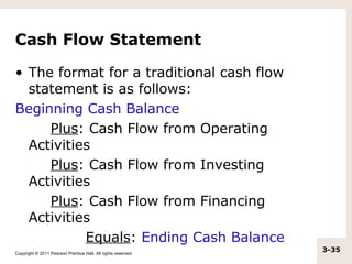 Cash Flow Statement

• The format for a traditional cash flow
  statement is as follows:
Beginning Cash Balance
     Plus: Cash Flow from Operating
  Activities
     Plus: Cash Flow from Investing
  Activities
     Plus: Cash Flow from Financing
  Activities
           Equals: Ending Cash Balance
Copyright © 2011 Pearson Prentice Hall. All rights reserved.
                                                               3-35
 