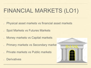 FINANCIAL MARKETS (LO1)
Physical asset markets vs financial asset markets
Spot Markets vs Futures Markets
Money markets vs Capital markets
Primary markets vs Secondary markets
Private markets vs Public markets
Derivatives
 
