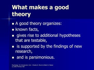Psychology: An Introduction 12/e - Charles G. Morris & Albert A. Maisto
(c) 2005 Prentice Hall
What makes a good
theory
 A good theory organizes:
 known facts,
 gives rise to additional hypotheses
that are testable,
 is supported by the findings of new
research,
 and is parsimonious.
 