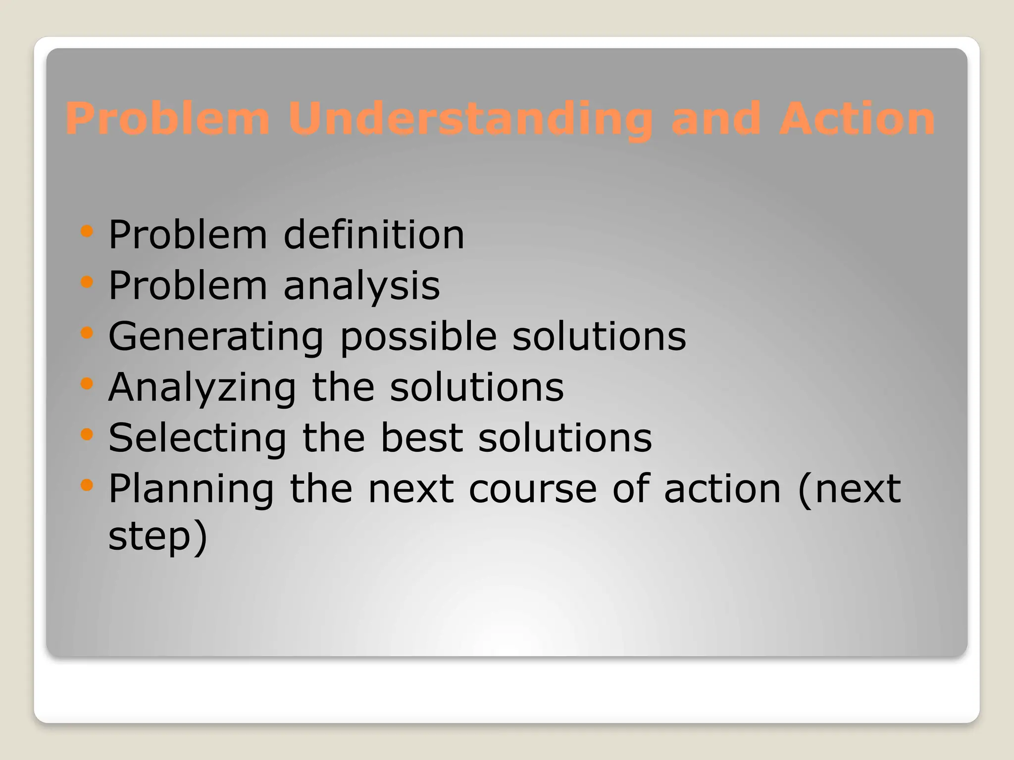 Problem Understanding and Action
 Problem definition
 Problem analysis
 Generating possible solutions
 Analyzing the solutions
 Selecting the best solutions
 Planning the next course of action (next
step)
 