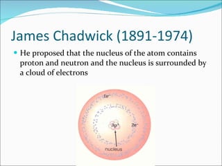 James Chadwick (1891-1974) He proposed that the nucleus of the atom contains proton and neutron and the nucleus is surrounded by a cloud of electrons 