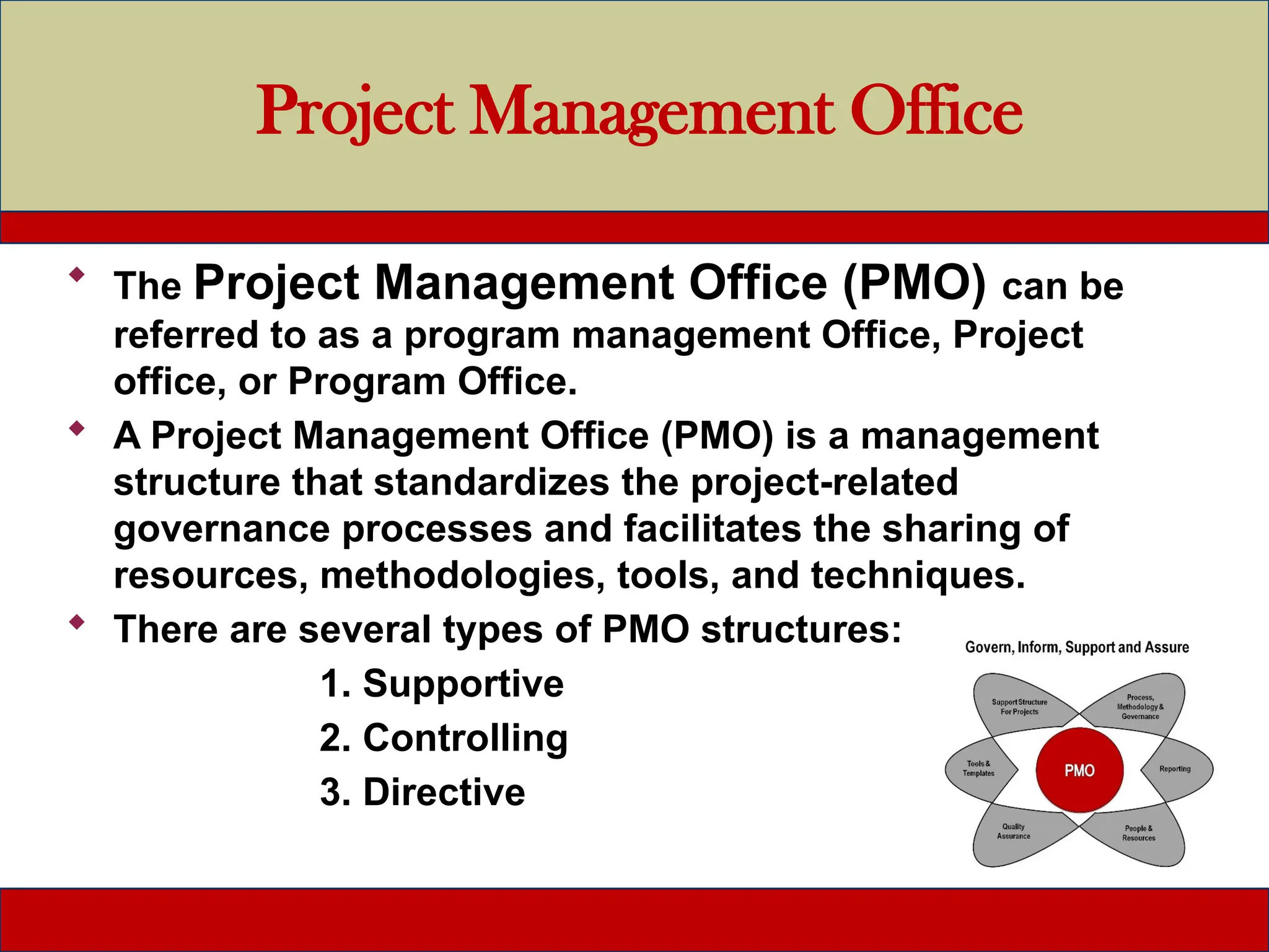 Project Management Office
 The Project Management Office (PMO) can be
referred to as a program management Office, Project
office, or Program Office.
 A Project Management Office (PMO) is a management
structure that standardizes the project-related
governance processes and facilitates the sharing of
resources, methodologies, tools, and techniques.
 There are several types of PMO structures:
1. Supportive
2. Controlling
3. Directive
 