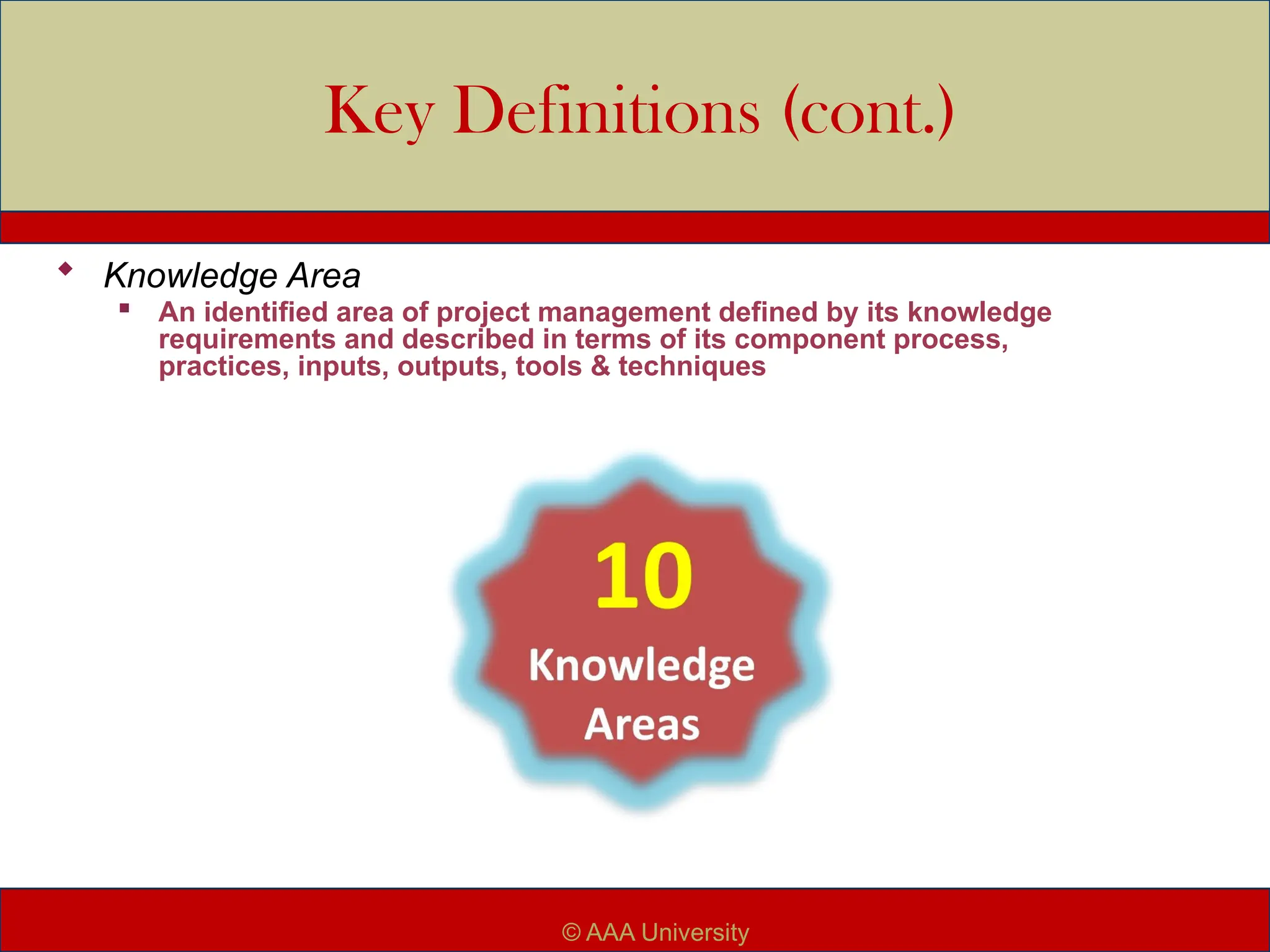 Key Definitions (cont.)
 Knowledge Area

An identified area of project management defined by its knowledge
requirements and described in terms of its component process,
practices, inputs, outputs, tools & techniques
© AAA University
 
