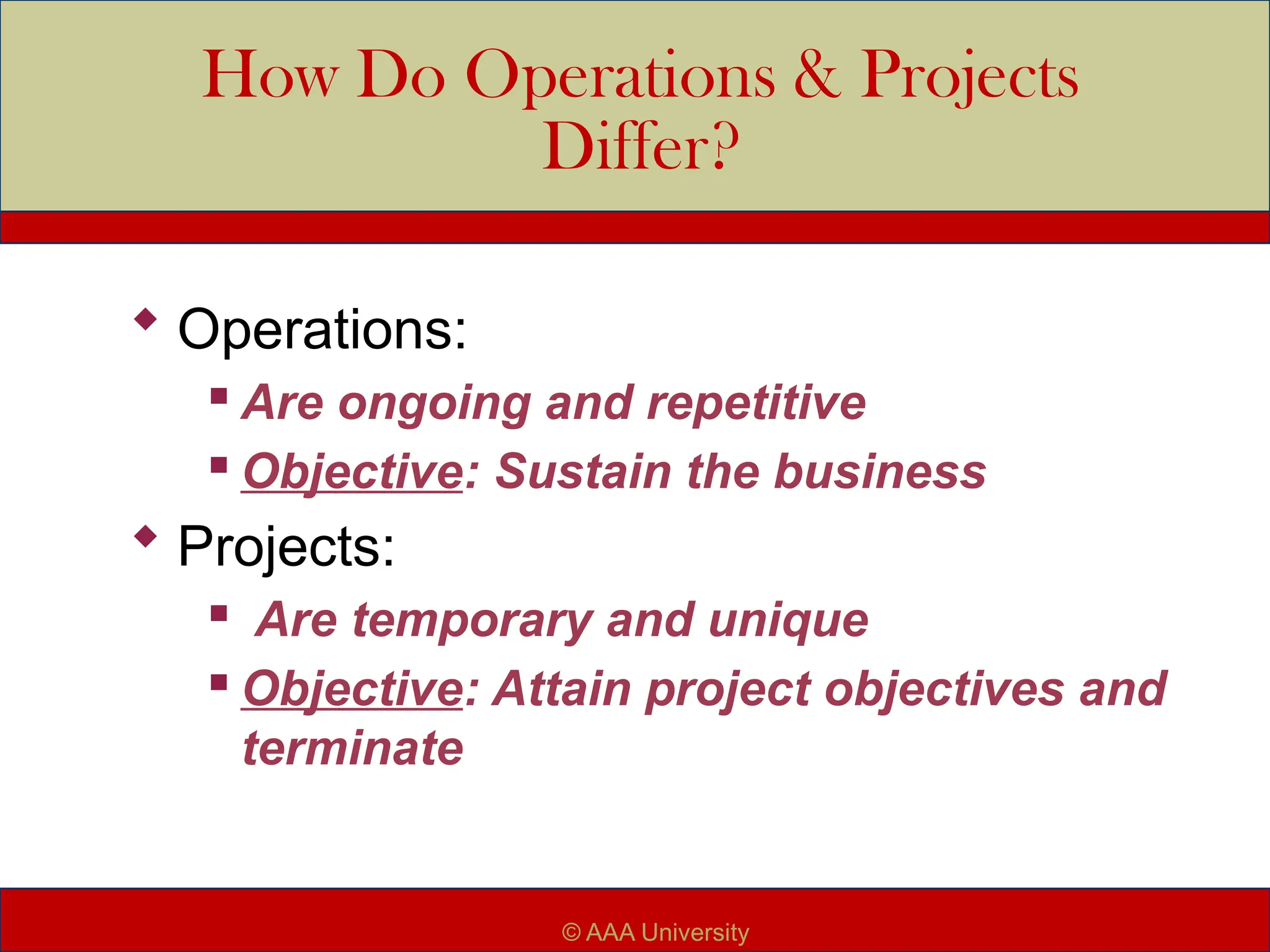 How Do Operations & Projects
Differ?
 Operations:
 Are ongoing and repetitive
 Objective: Sustain the business
 Projects:
 Are temporary and unique
 Objective: Attain project objectives and
terminate
© AAA University
 