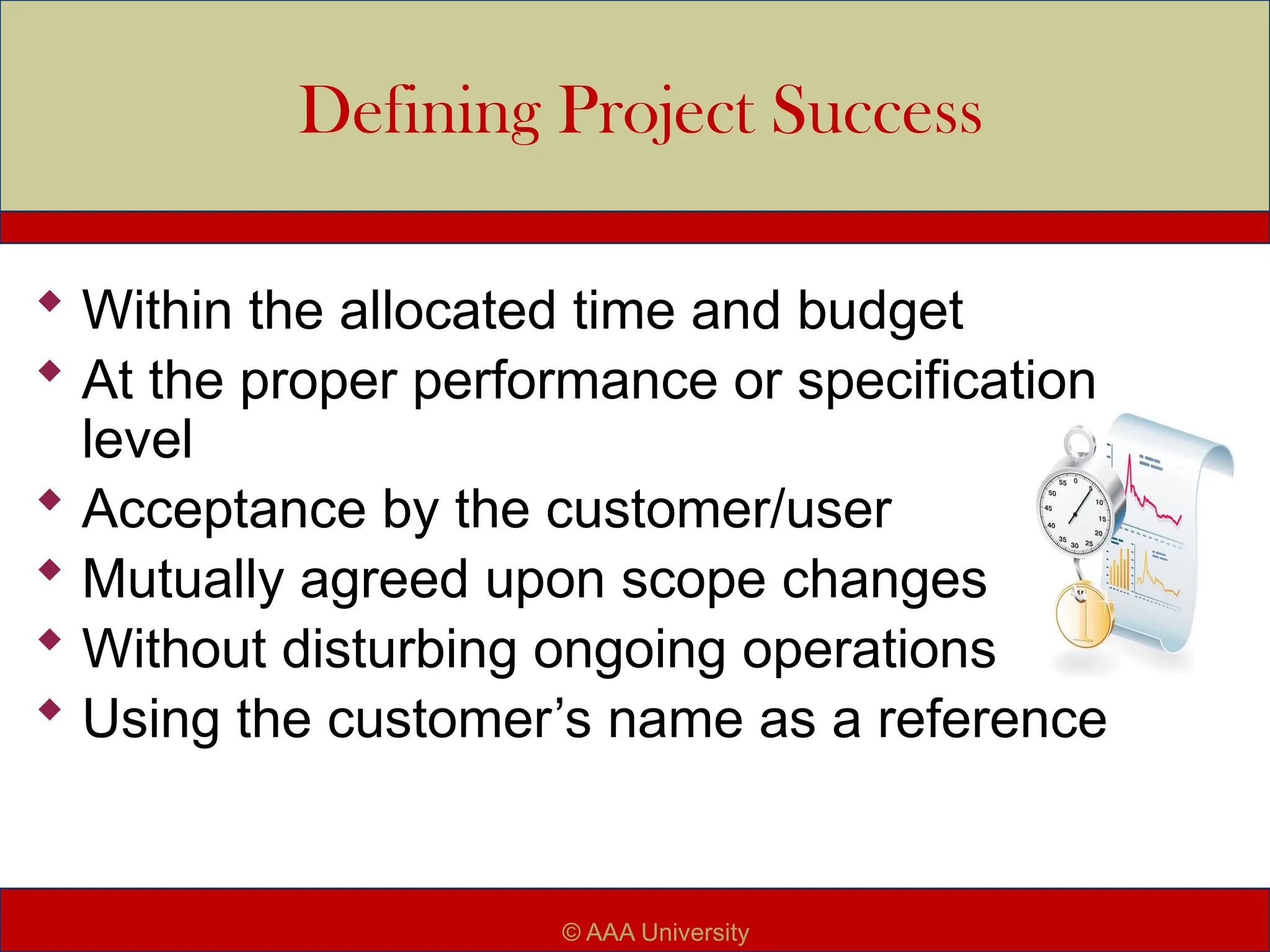 Defining Project Success
 Within the allocated time and budget
 At the proper performance or specification
level
 Acceptance by the customer/user
 Mutually agreed upon scope changes
 Without disturbing ongoing operations
 Using the customer’s name as a reference
© AAA University
 