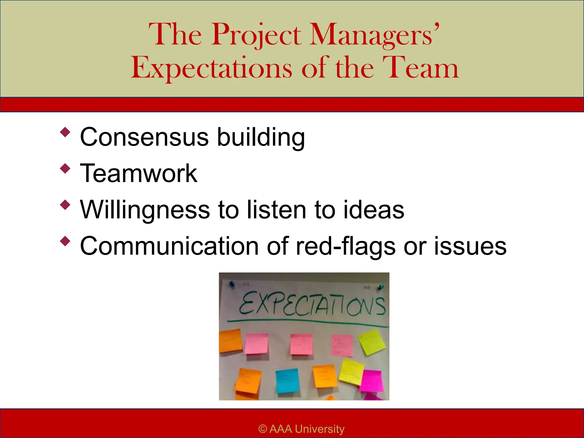The Project Managers’
Expectations of the Team
 Consensus building
 Teamwork
 Willingness to listen to ideas
 Communication of red-flags or issues
© AAA University
 
