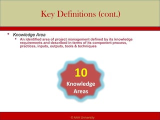 Key Definitions (cont.)
 Knowledge Area

An identified area of project management defined by its knowledge
requirements and described in terms of its component process,
practices, inputs, outputs, tools & techniques
© AAA University
 