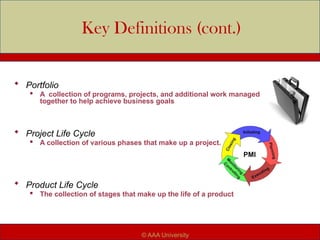 Key Definitions (cont.)
 Portfolio

A collection of programs, projects, and additional work managed
together to help achieve business goals
 Project Life Cycle

A collection of various phases that make up a project.
 Product Life Cycle
 The collection of stages that make up the life of a product
© AAA University
 