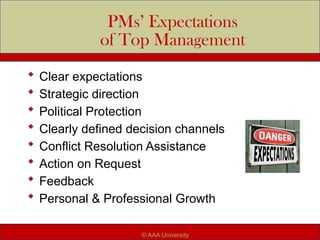 PMs’ Expectations
of Top Management
 Clear expectations
 Strategic direction
 Political Protection
 Clearly defined decision channels
 Conflict Resolution Assistance
 Action on Request
 Feedback
 Personal & Professional Growth
© AAA University
 