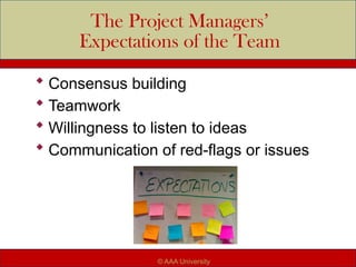 The Project Managers’
Expectations of the Team
 Consensus building
 Teamwork
 Willingness to listen to ideas
 Communication of red-flags or issues
© AAA University
 