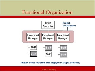 Functional Organization
(Bolded boxes represent staff engaged in project activities)
Staff
Staff
Functional
M anager
Staff
Staff
Functional
M anager
Staff
Staff
Functional
M anager
Chief
Executive
Project
Coordination
© AAA University
 