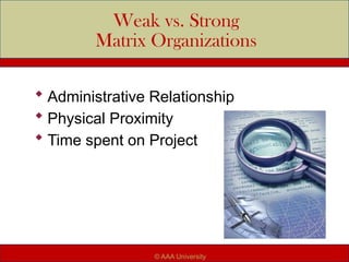 Weak vs. Strong
Matrix Organizations
 Administrative Relationship
 Physical Proximity
 Time spent on Project
© AAA University
 